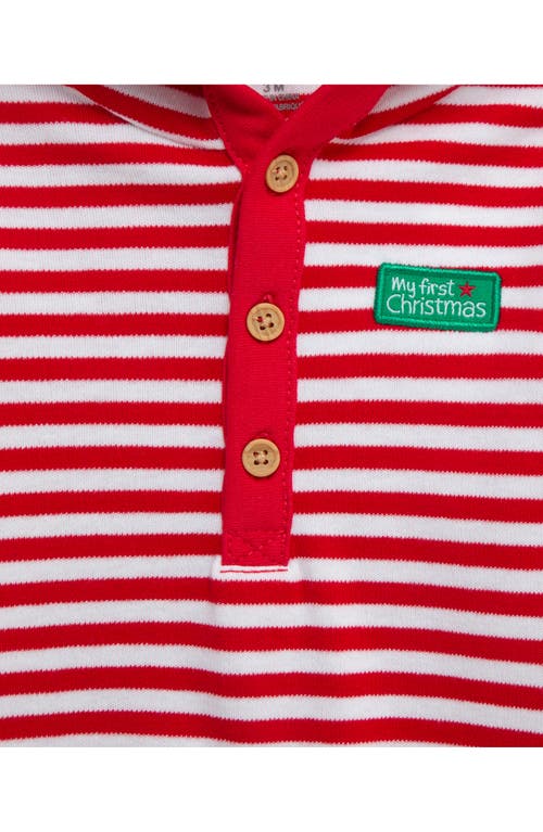 Little Me First Christmas Holiday Stripe Hooded Bodysuit & Santa Joggers Set In Red