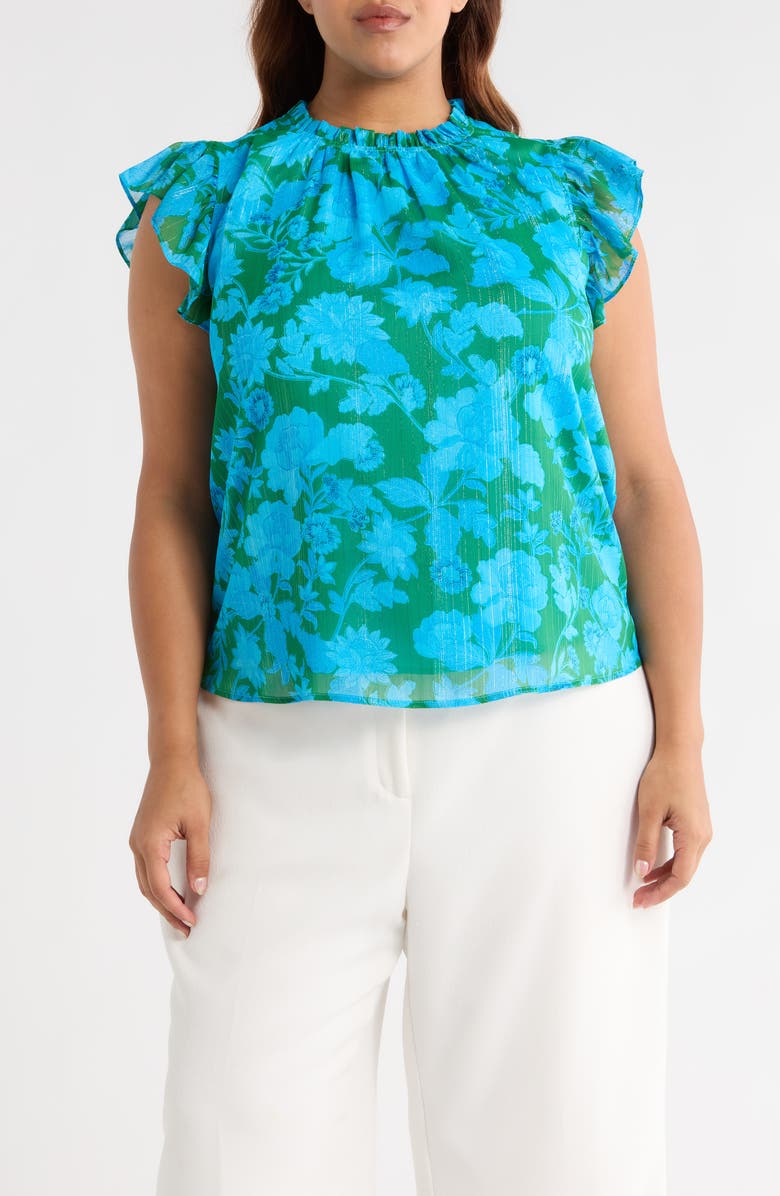 SUGARLIPS Amren Metallic Floral Print Ruffle Top, Main, color, Green/ Cerulean Blue