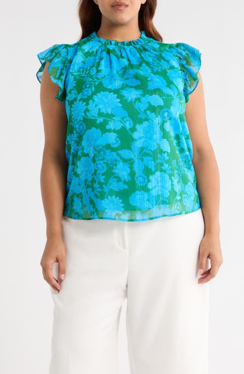 Amren Metallic Floral Print Ruffle Top (Plus)