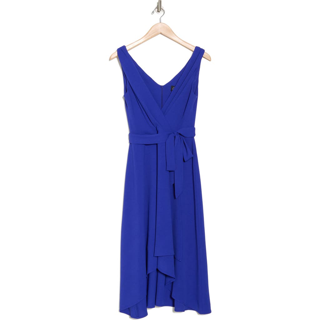 Connected Apparel Tie Belt Faux Wrap High-low Dress In Blue