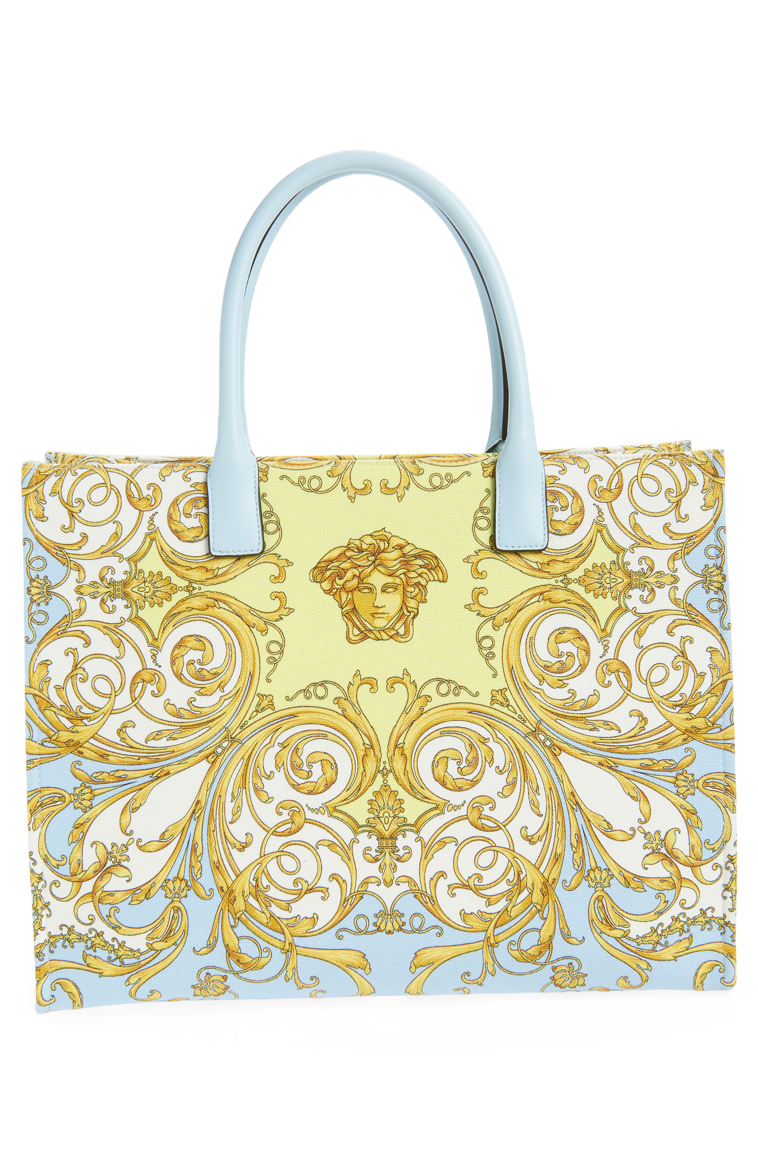 Versace Large La Medusa Print Canvas Tote, Alternate, color, Pastel Blue Gold
