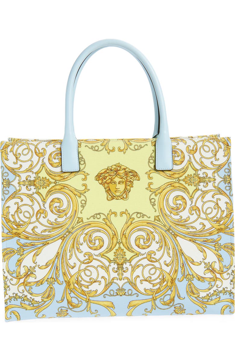Versace Large La Medusa Print Canvas Tote, Alternate, color, Pastel Blue Gold