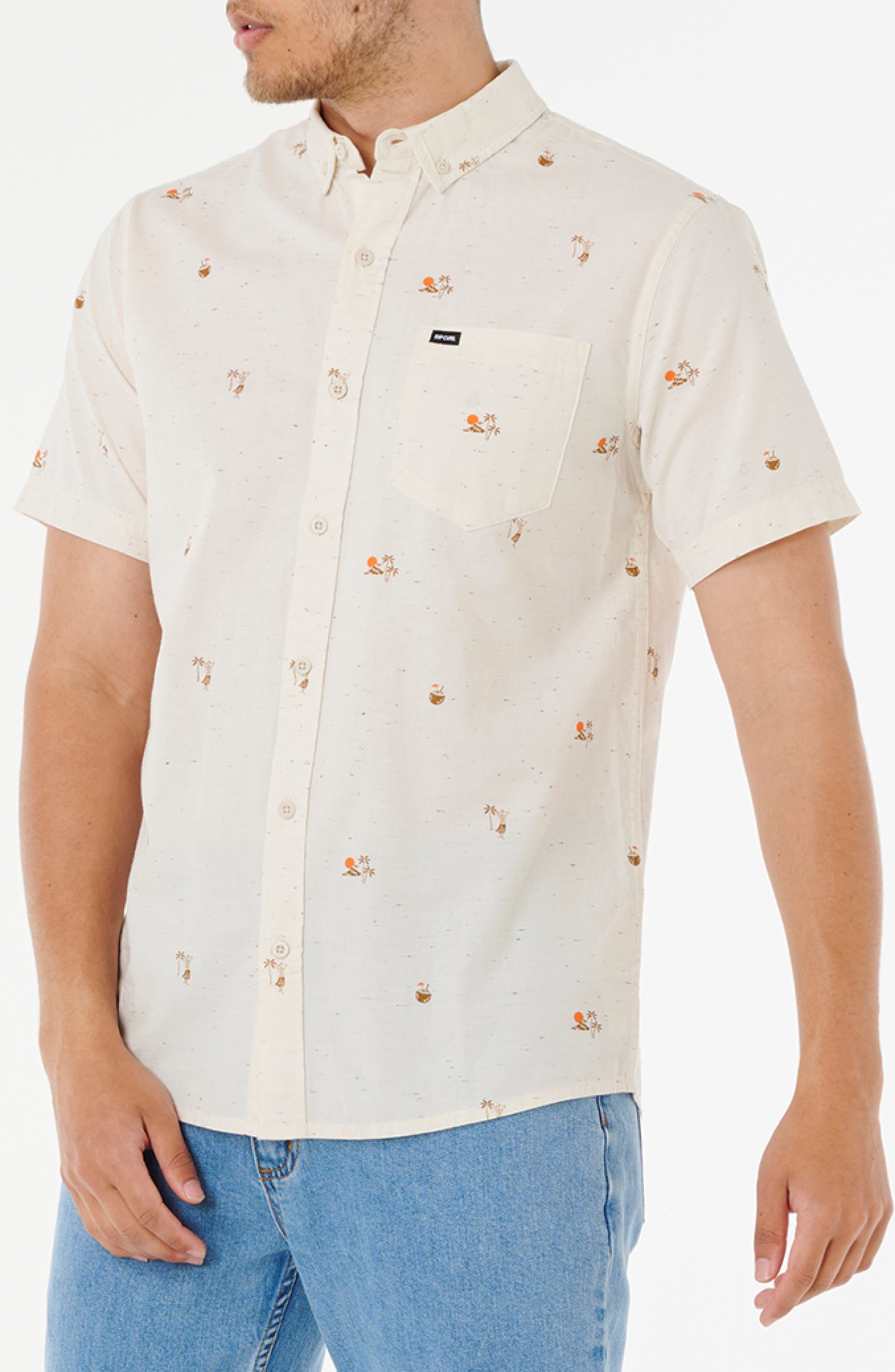 Rip Curl Skelly Breach Tropical Print Short Sleeve Cotton Chambray Button-down Shirt In White