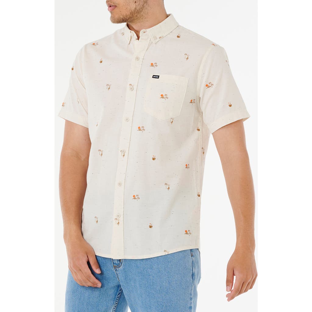 Rip Curl Skelly Breach Tropical Print Short Sleeve Cotton Chambray Button-down Shirt In White