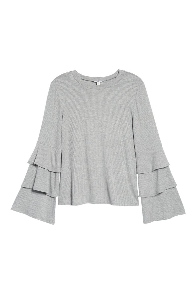 Ruffle Sleeve Ribbed Sweater, Alternate, color, GREY MEDIUM HEATHER
