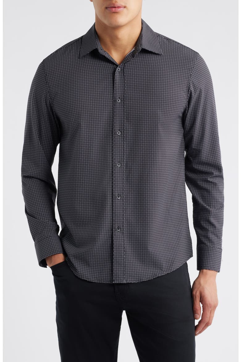 Trim Fit Dash Duo Geo Print Performance Button-Up Shirt, Main, color, BLACK