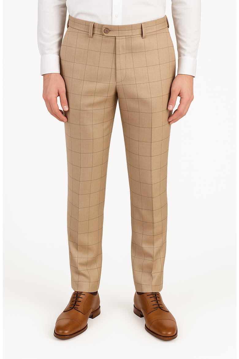 Tan Windowpane Check Flat Front Wool & Silk Blend Dress Pants, Main, color, TAN