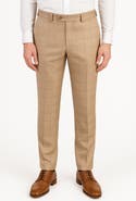 Berle Tan Windowpane Check Flat Front Wool & Silk Blend Dress Pants