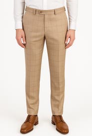 Berle Tan Windowpane Check Flat Front Wool & Silk Blend Dress Pants