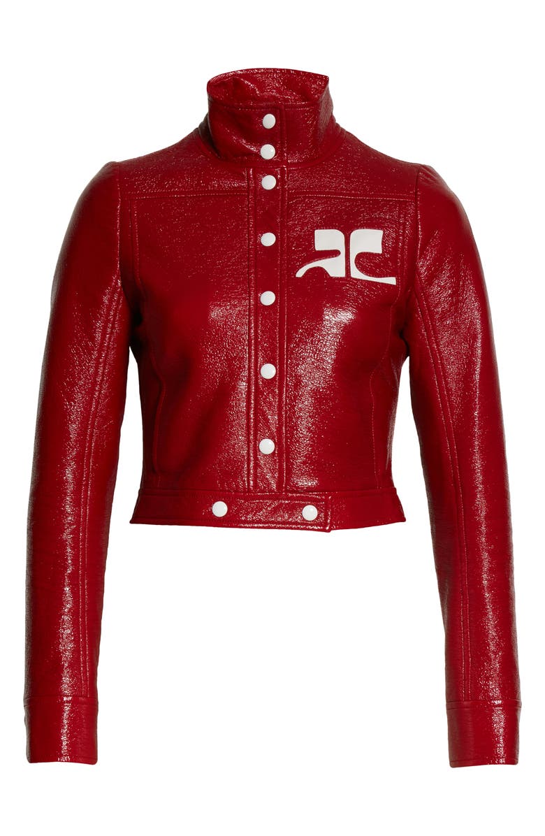 Courrèges Logo Patch Coated Stretch Cotton Crop Jacket, Alternate, color, Groseille