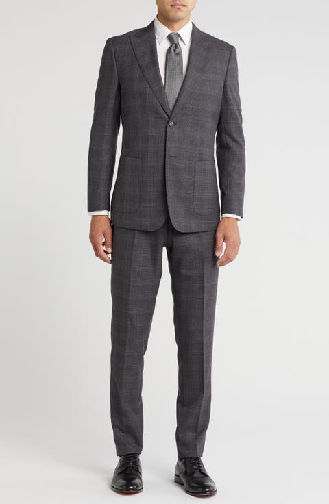 Plaid Trim Fit Peak Lapel Wool Blend Two-Piece Suit