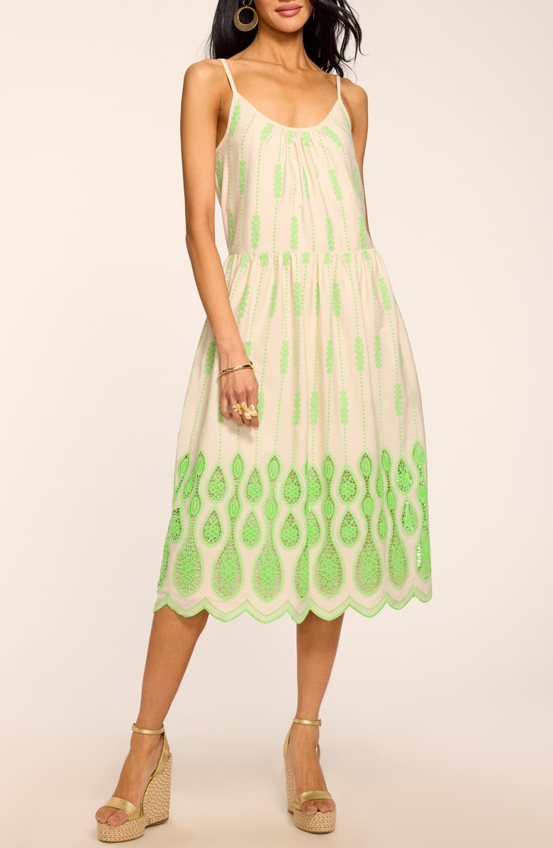 Ramy Brook Sandra Embroidered Lace Inset Border Dress, Main, color, Bright Lime Lace
