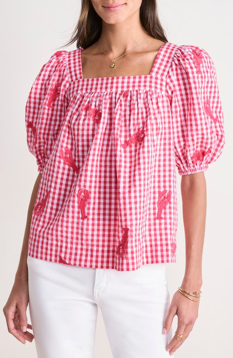 vineyard vines Serena Lobster Appliqué Cotton Gingham Top, Main, color,