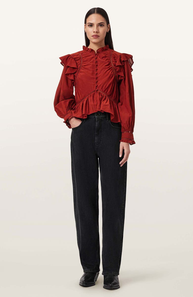 AllSaints Lima Ruffle Peplum Top, Alternate, color, Paprika Red