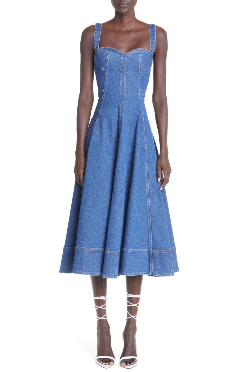 Oscar de la Renta Sweetheart Neck Denim Dress, Main, color, 
