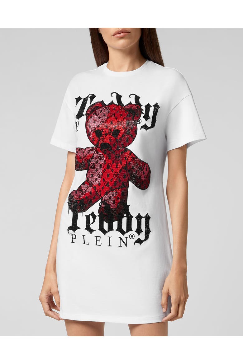 T-Shirt Short Dresses Monogram Teddy Bear Women, Main, color, white