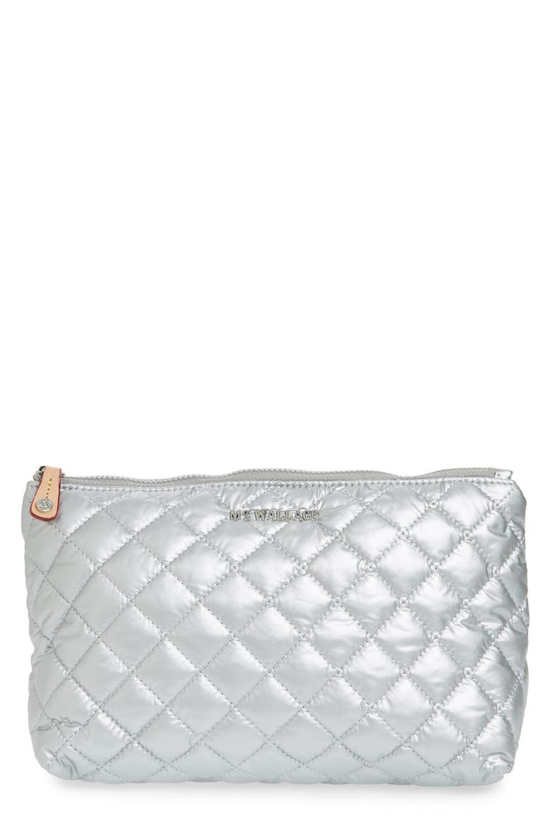 Zoey Quilted Nylon Cosmetics Case, Main, color, TIN METALLIC