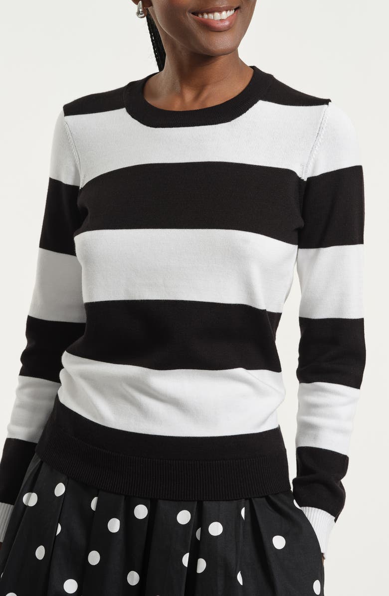 Isaac Mizrahi New York Stripe Crewneck Sweater, Main, color, Black/ White