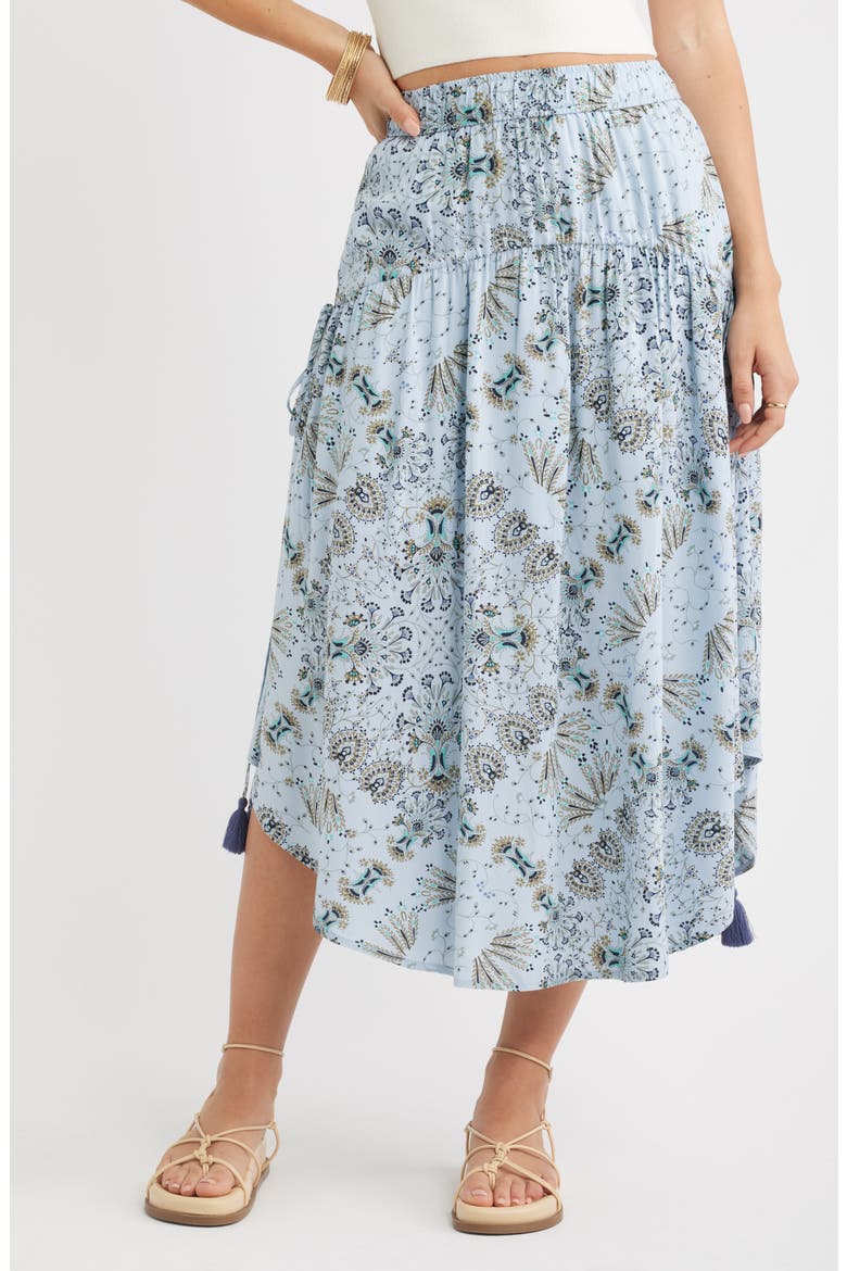 Scarf Print Drop Waist Midi Skirt, Main, color, BLUE- OLIVE SCARF FLORAL