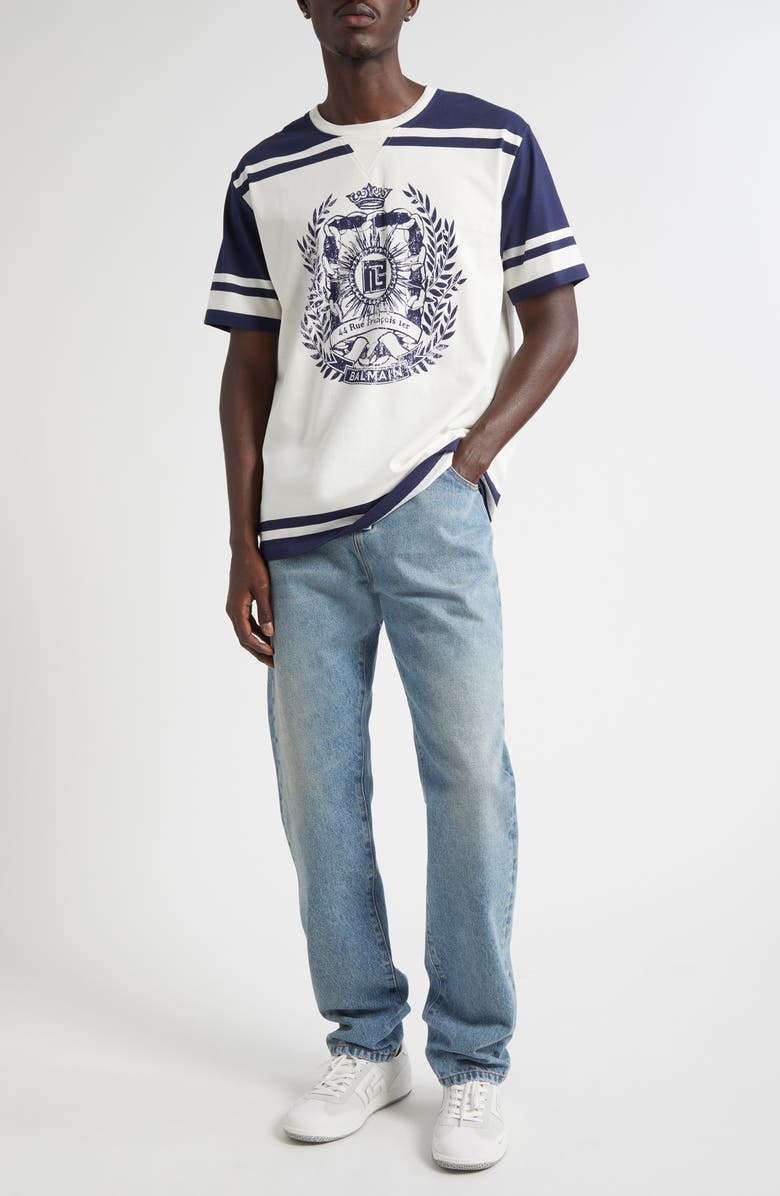 Balmain Emblem Varsity T-Shirt, Alternate, color, Gtj Cream/ Navy