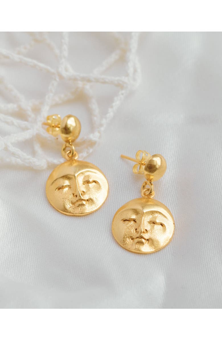 Ottoman Hands Moon Face Drop Earrings, Alternate, color, Brass