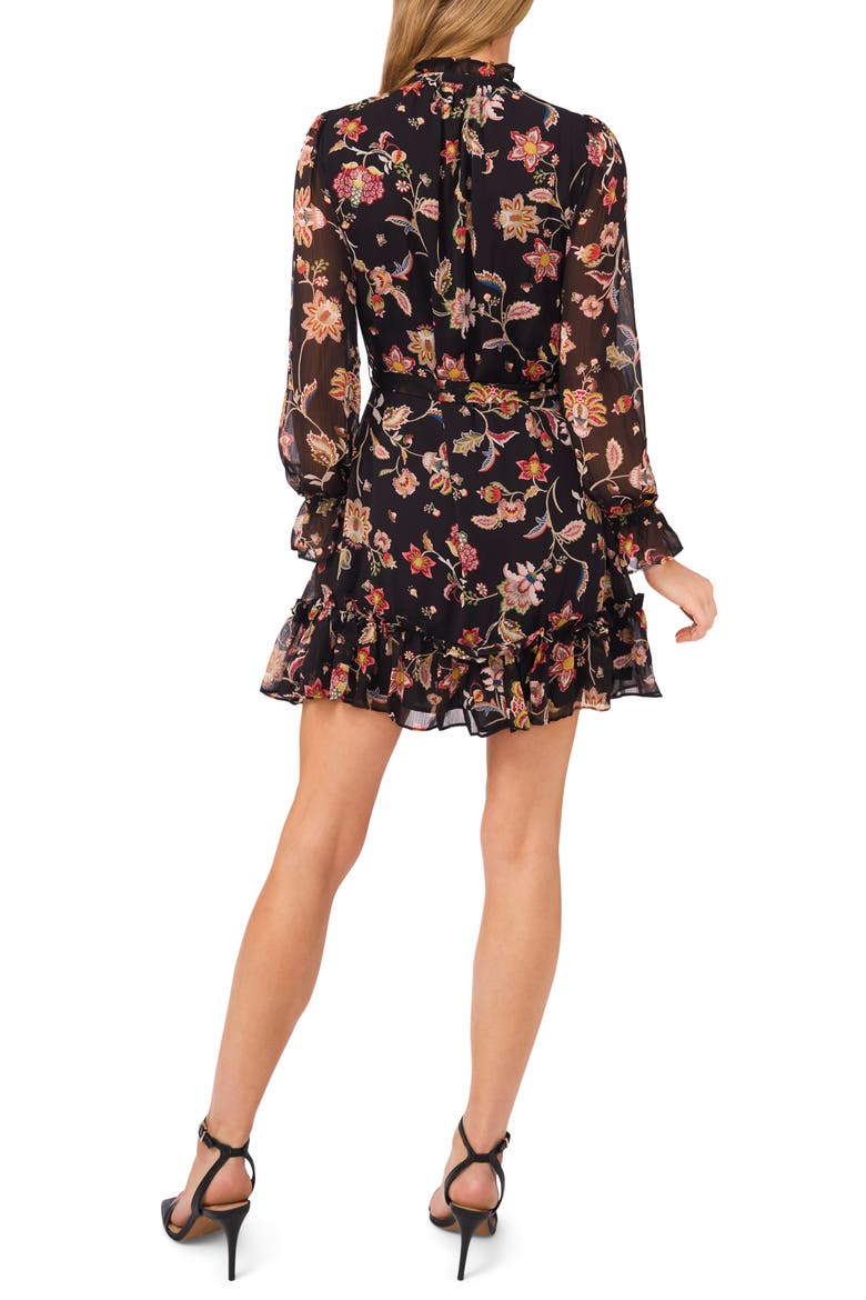 Ruffle Tie Waist Long Sleeve Minidress, Alternate, color, RICH BLACK