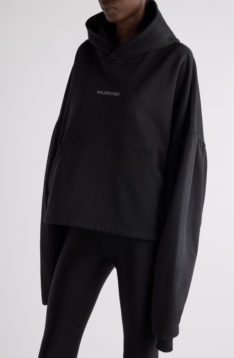 Balenciaga Crystal Logo Crop Cotton Archetype Fleece Hoodie, Alternate, color, 