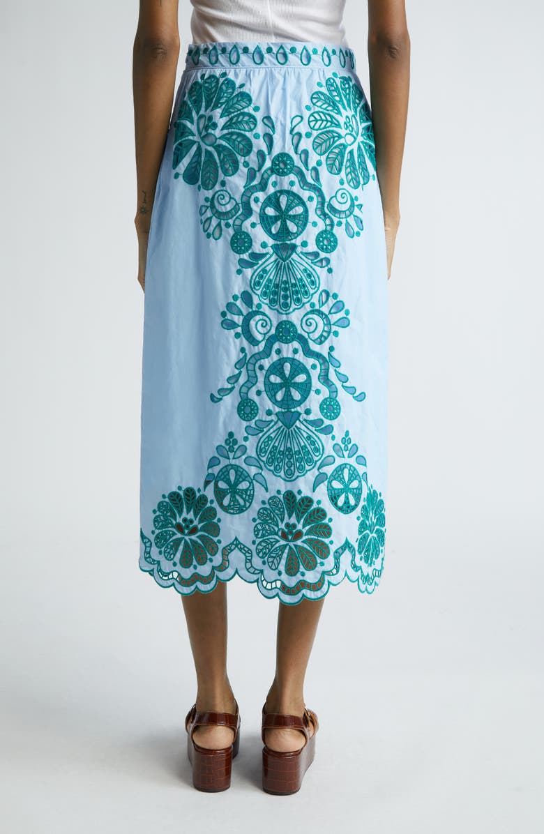 FARM Rio Eyelet Embroidery Cotton Midi Skirt, Alternate, color, Light Blue And Green
