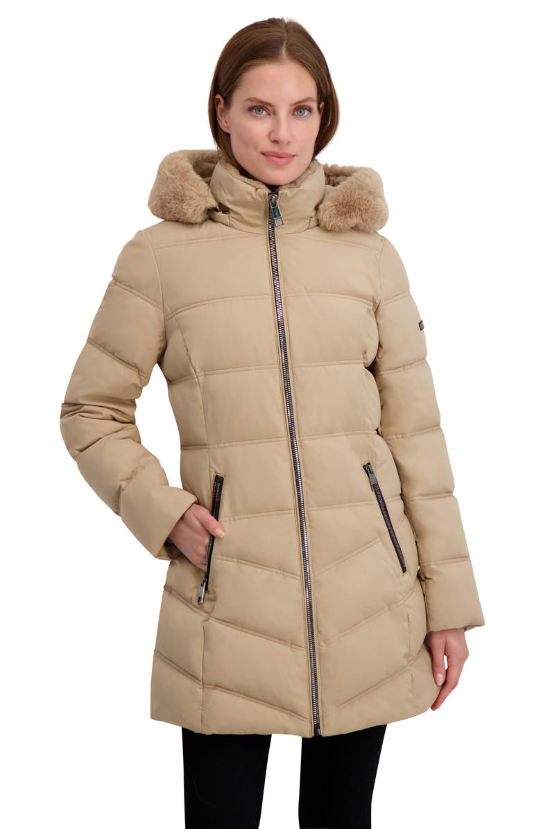 Laundry by Shelli Segal Soft Tech Puffer Jacket with Removable Faux Fur Trim Hood, Alternate, color, Desert