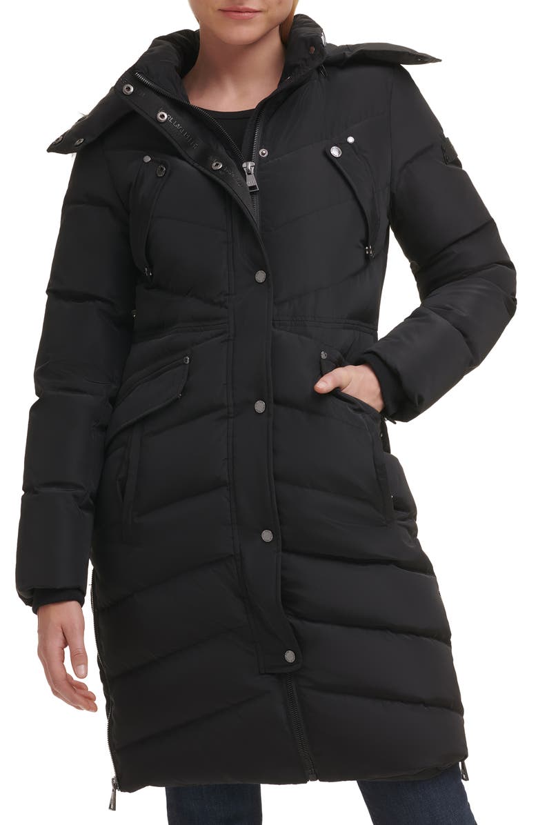 KARL LAGERFELD PARIS Water Resistant Down & Feather Fill Puffer Jacket with Removable Faux Fur Trim, Main, color,