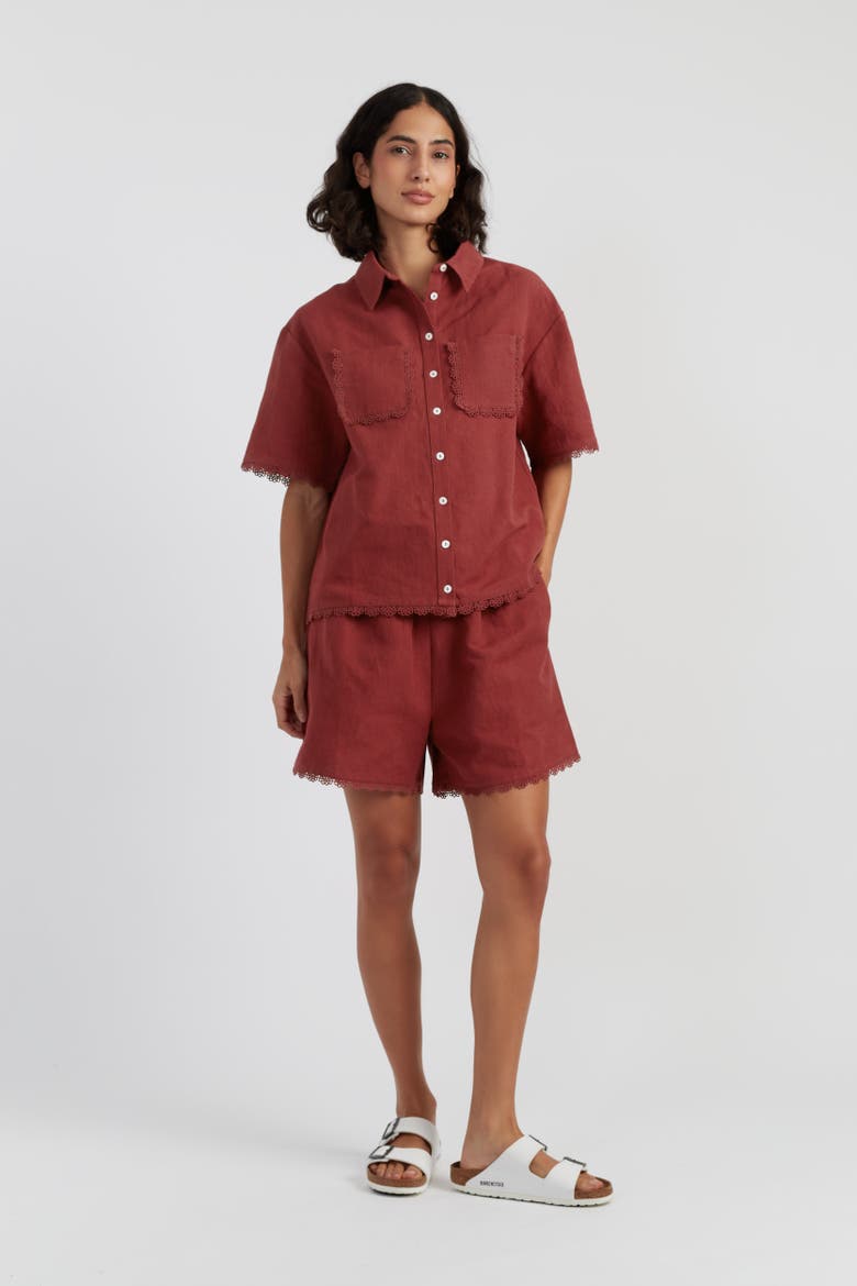 Sienna Linen-Blend Scallop Edge Shorts, Alternate, color, Sienna