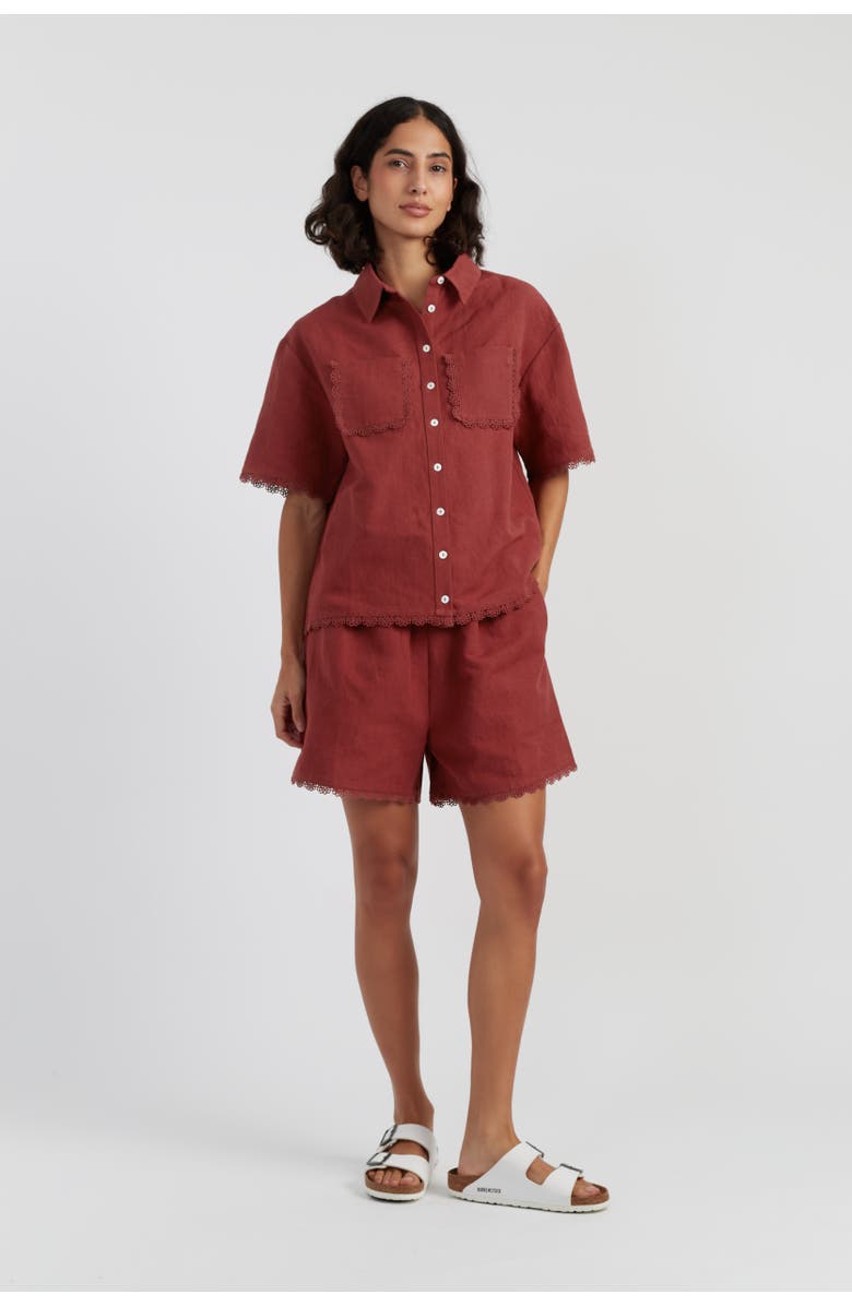Chinti & Parker Sienna Linen-Blend Scallop Edge Shorts, Alternate, color, Sienna