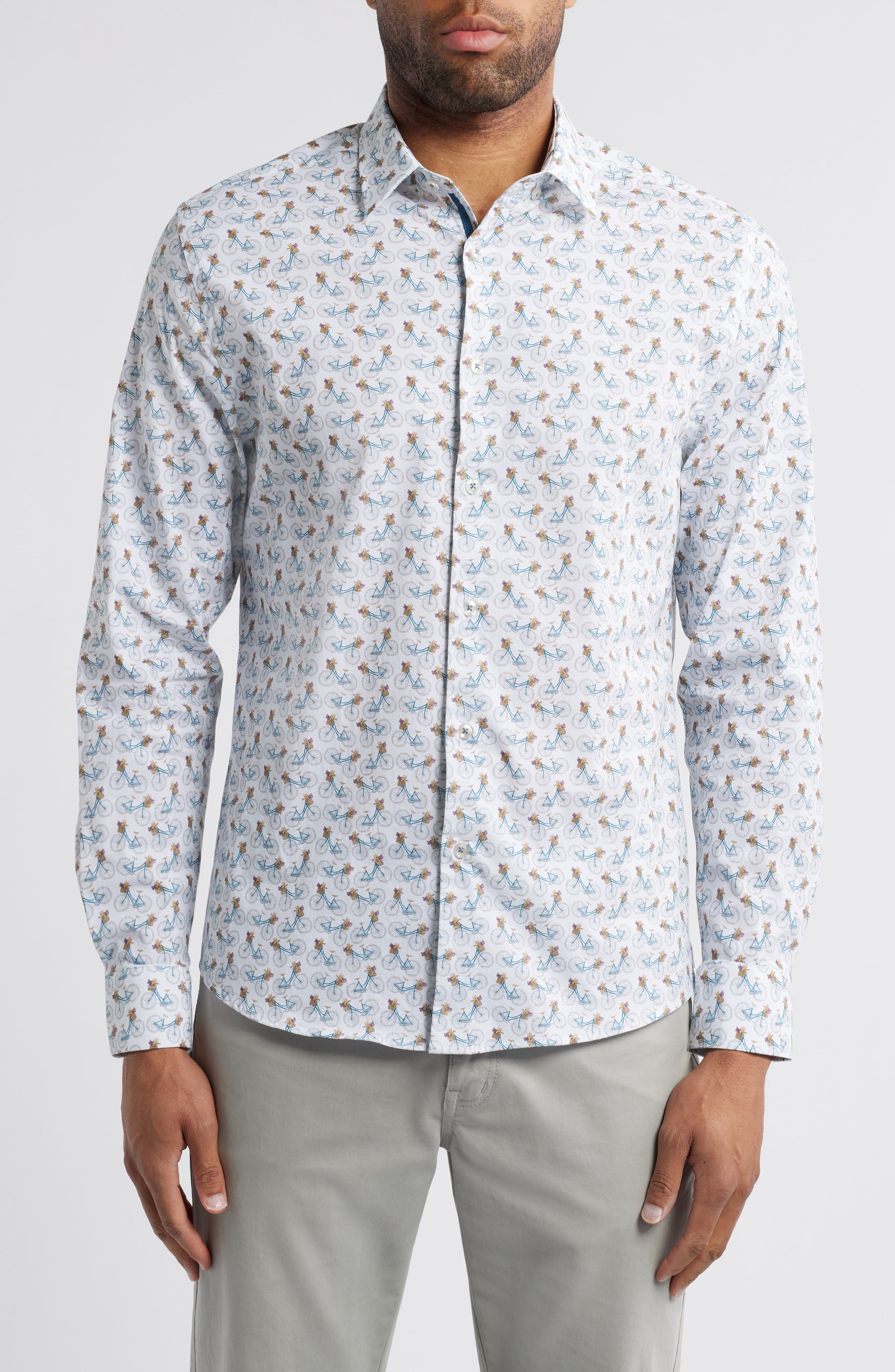 Stone Rose Bicycle Print Stretch Cotton Button-Up Shirt