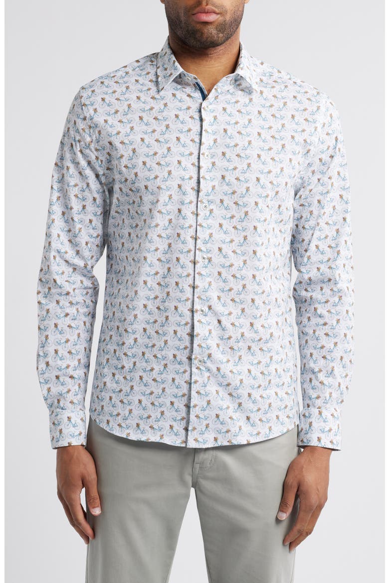 Bicycle Print Stretch Cotton Button-Up Shirt, Main, color, WHITE