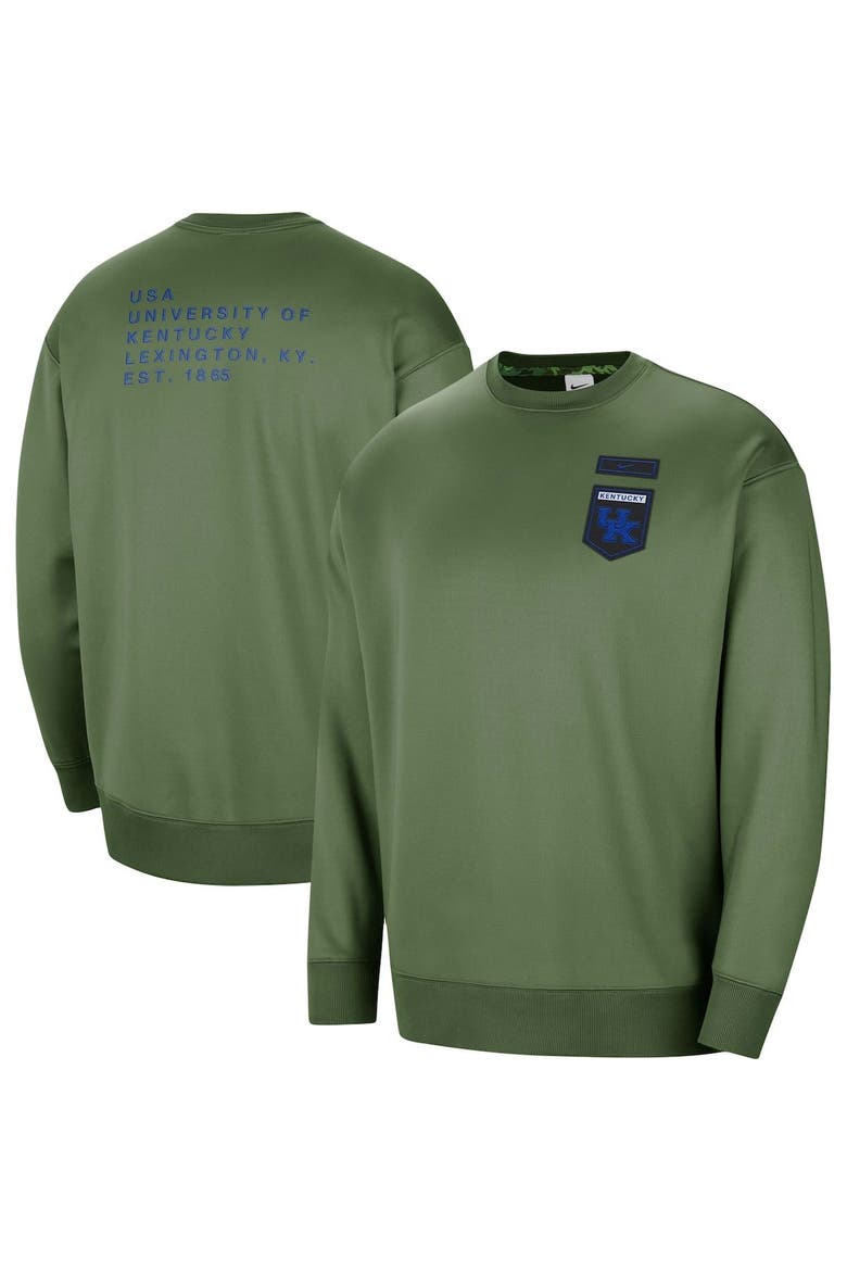 Women's Nike Olive Kentucky Wildcats Military Collection All-Time Performance Crew Pullover Sweatshirt, Main, color, Olive