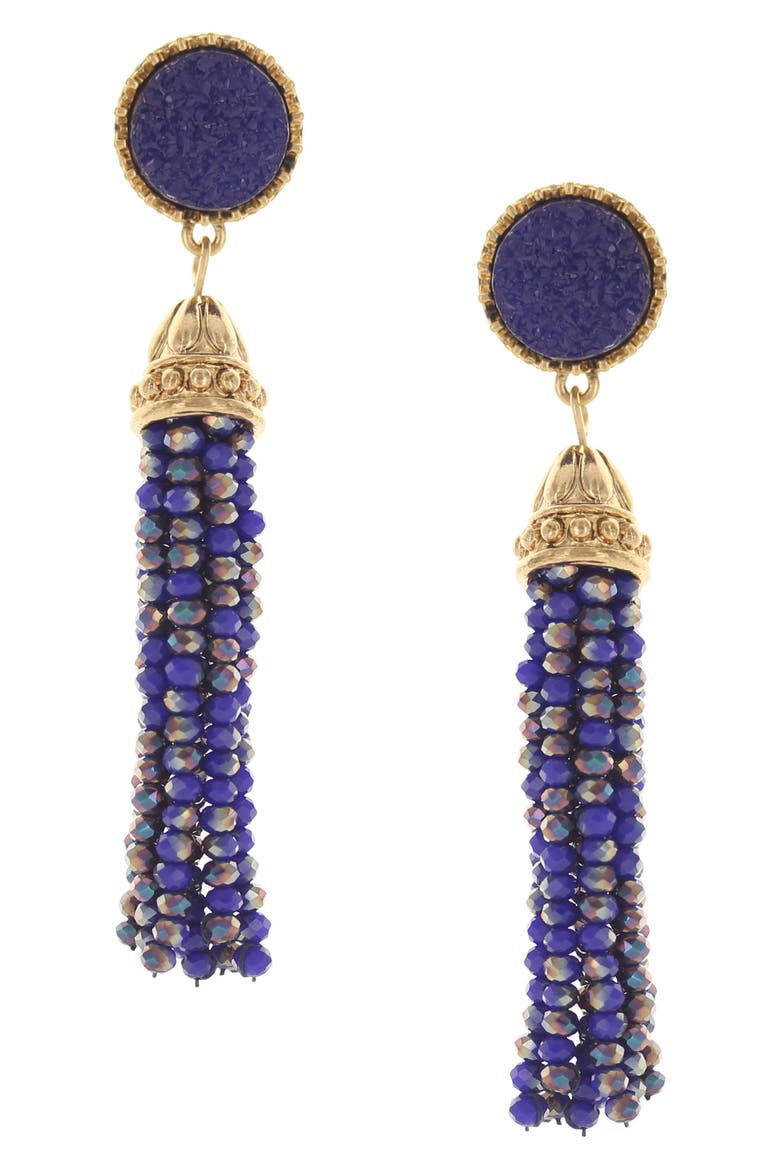 Ava Beaded Tassel Drop Earrings, Main, color, ANTIQUE GOLD / BLUE