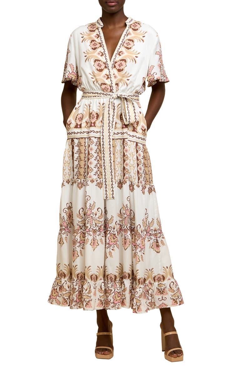 Thessa Floral Print Tie Waist Maxi Dress, Main, color, CREAM MULTI