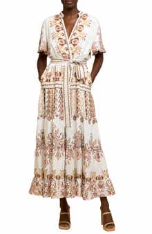 CIEBON Thessa Floral Print Tie Waist Maxi Dress