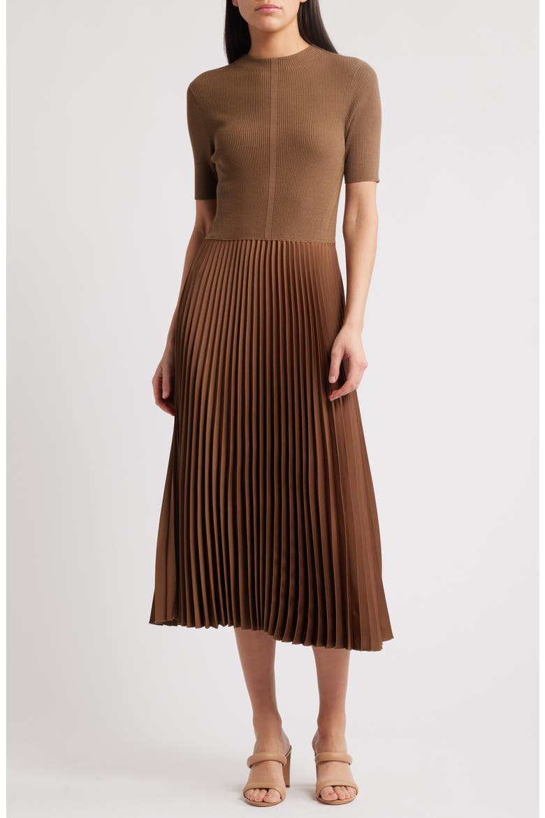 Faddrid Sweater Dress with Plissé Skirt, Main, color, TEAK
