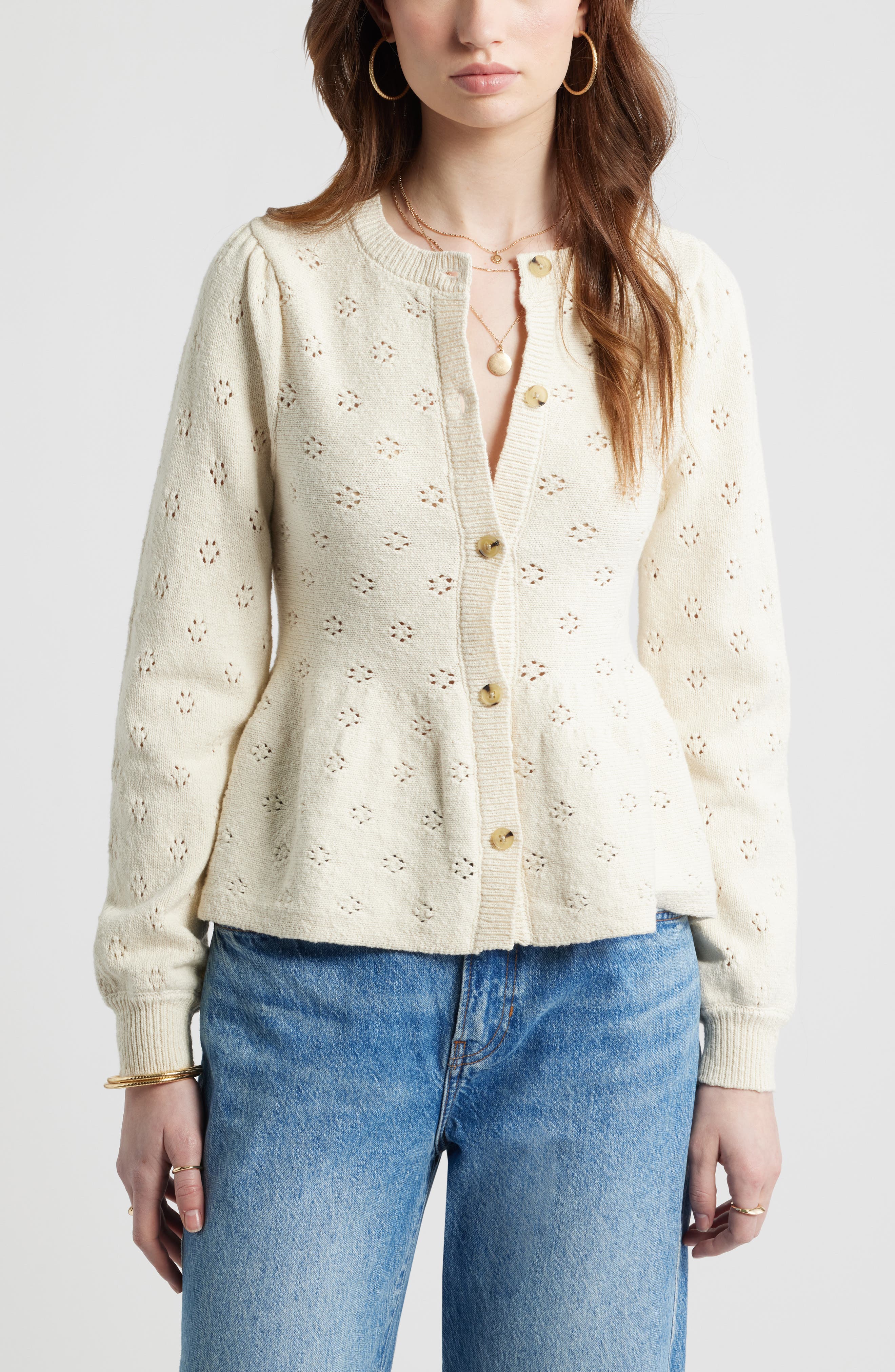 Treasure & Bond Pointelle Peplum Cardigan