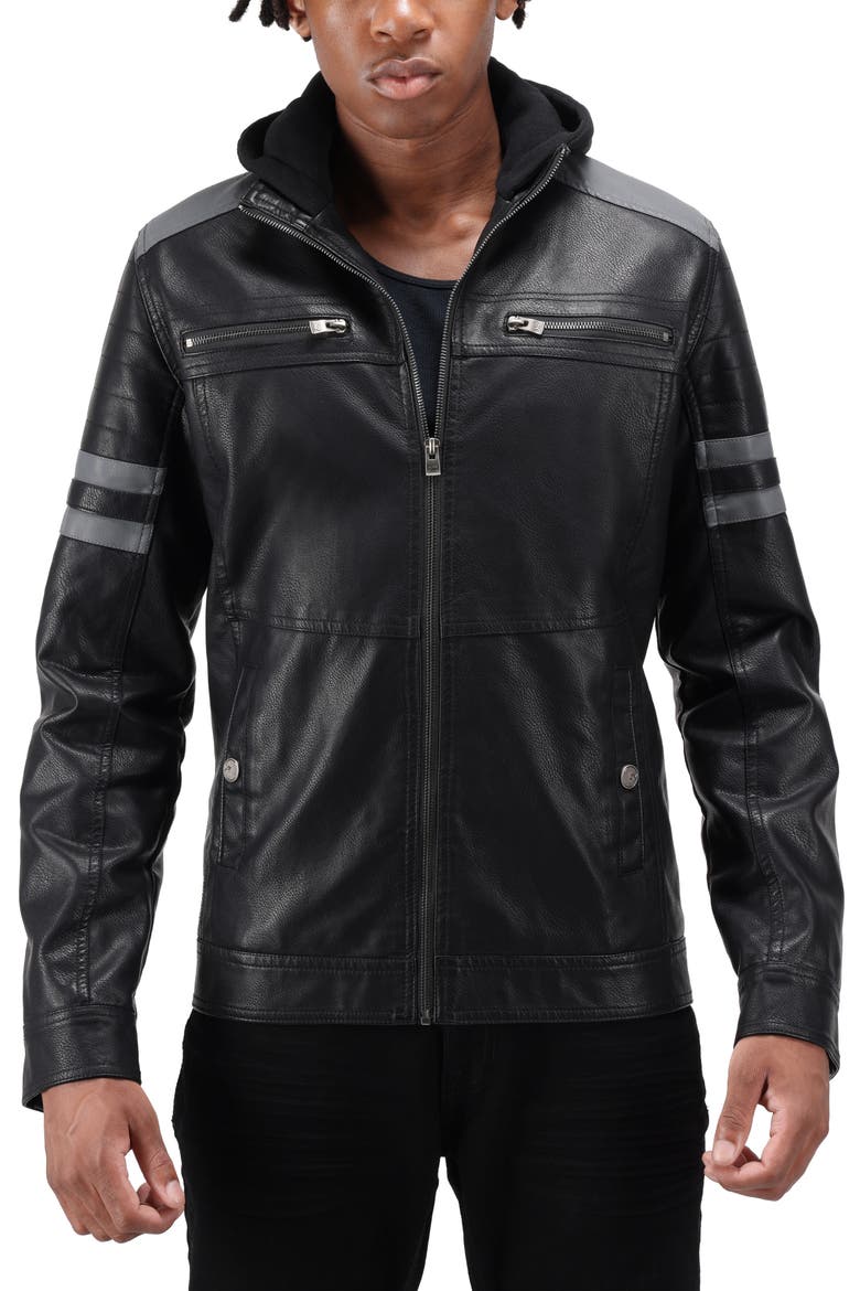 Faux Leather Hooded Moto Jacket, Main, color, BLACK/ GREY