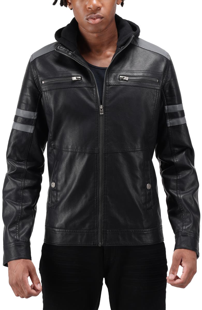 XRAY Faux Leather Hooded Moto Jacket, Main, color, Black/ Grey