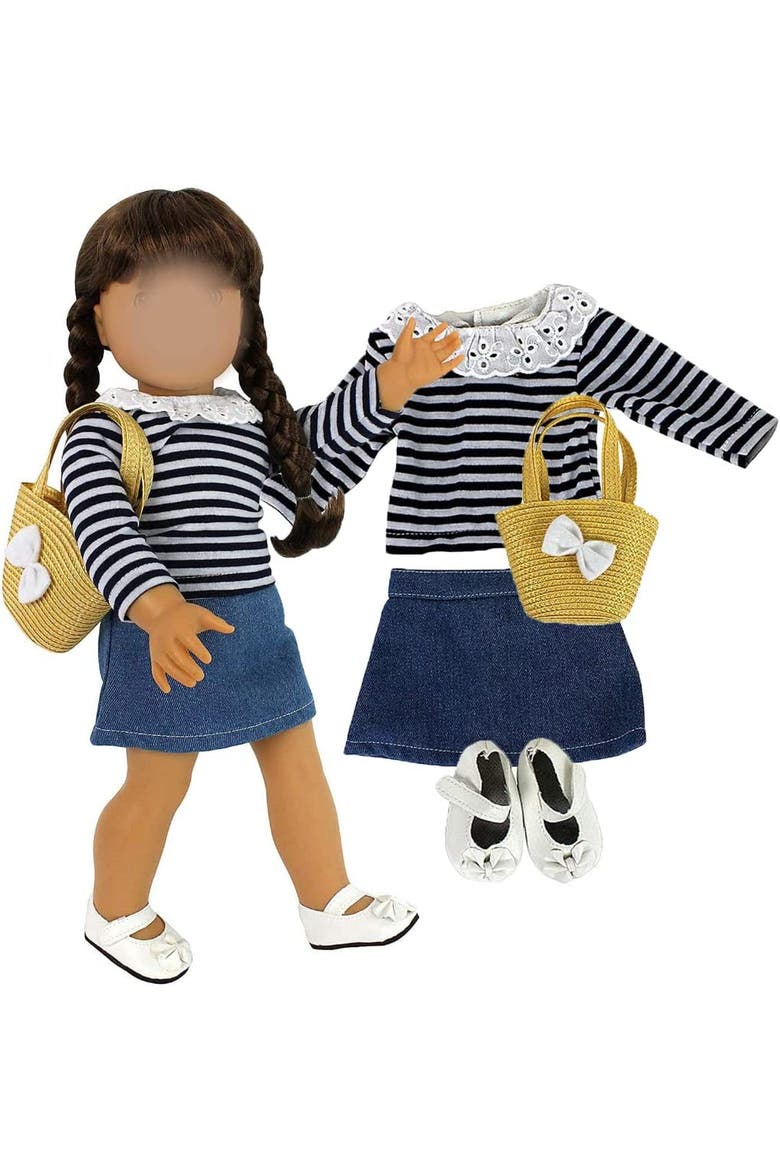 Casual Back to School Day Doll Outfit for 18" Girl Dolls - 4 Piece Clothes Set Costume Includes Shirt, Skirt, Shoes, & Purse, Alternate, color, Blue