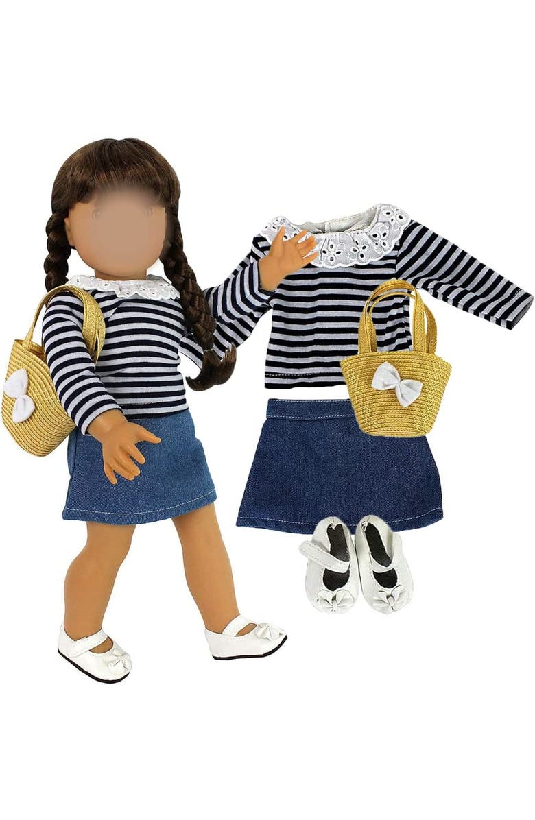Dress Along Dolly Casual Back to School Day Doll Outfit for American 18" Girl Dolls - 4 Piece Clothes Set Costume Includes Shirt, Skirt, Shoes, & Purse, Alternate, color, Blue