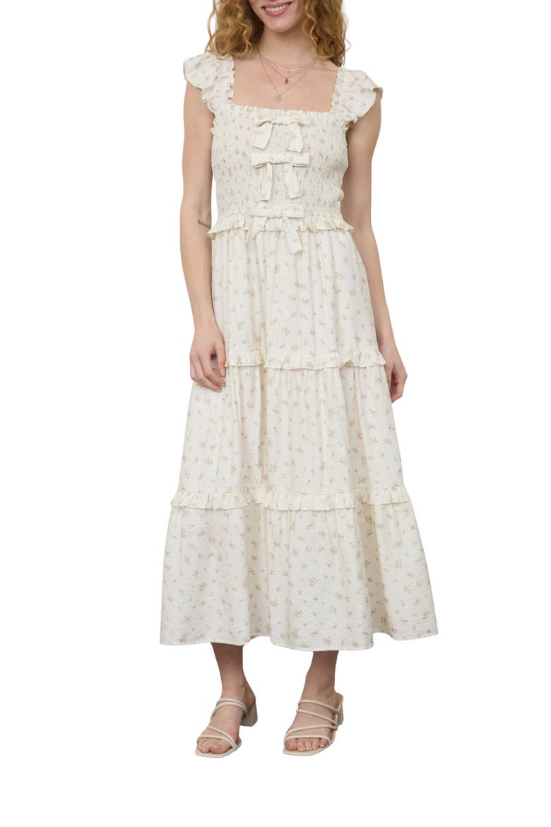 Bow Smocked Midi Dress, Main, color, CREAM MULTI