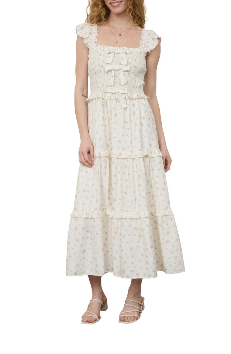 AUGUST SKY Bow Smocked Midi Dress, Main, color, Cream Multi