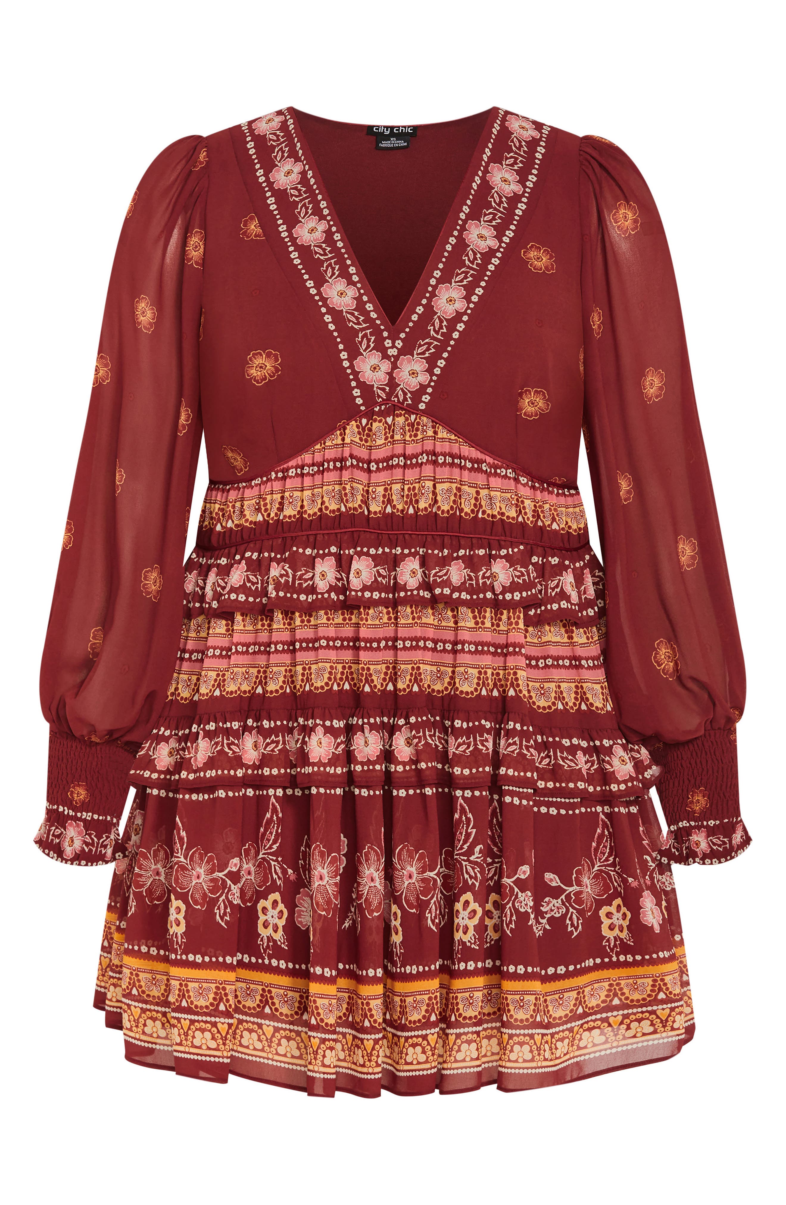 City Chic Ophelia Mixed Print Long Sleeve Tiered Minidress In Red