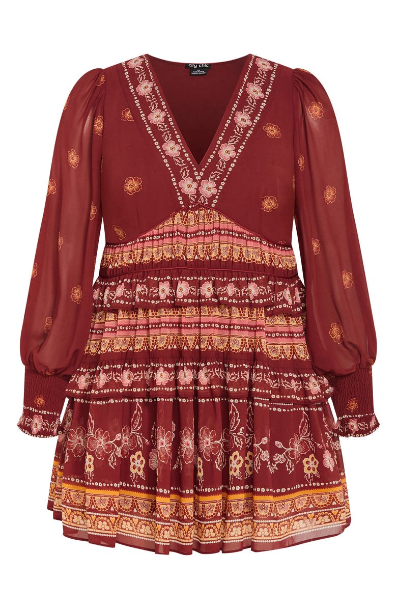 City Chic Ophelia Mixed Print Long Sleeve Tiered Minidress, Alternate, color, Orange Print