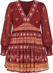 City Chic Ophelia Mixed Print Long Sleeve Tiered Minidress