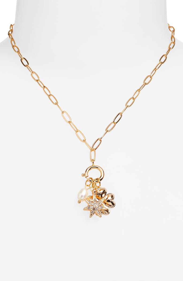 Cara Faux Pearl Charm Necklace, Alternate, color, Gold